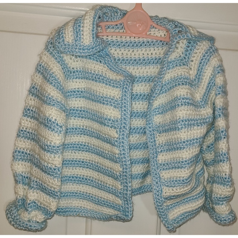 Hand Knitted NEW Blue 0-3 month Baby Unisex Open Front Cardigan w/ Wide Collar
